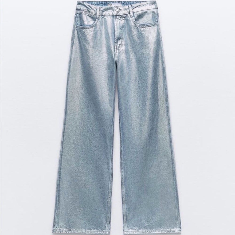 Zara metallic mid rise straight leg jeans